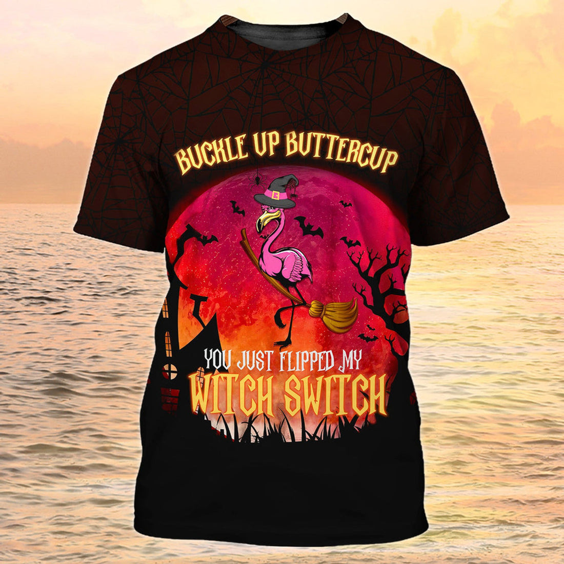 FUNSTUFFPRINT Funny Flamingo Flying On Night Halloween Shirt Men Women Flipped My Witch Switch 3D Shirt 3D T-shirt