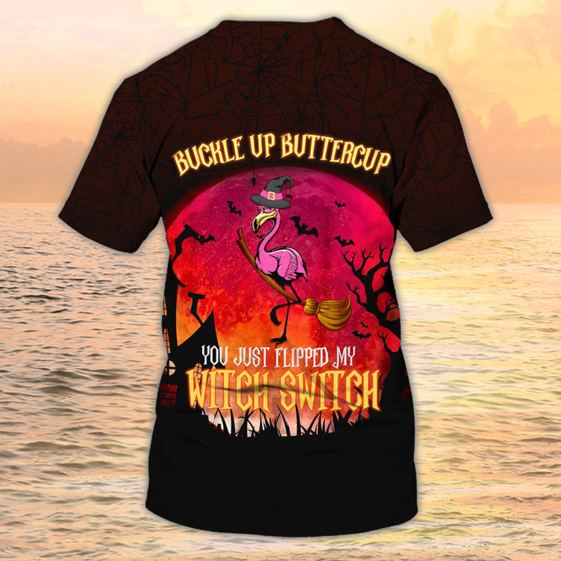 FUNSTUFFPRINT Funny Flamingo Flying On Night Halloween Shirt Men Women Flipped My Witch Switch 3D Shirt 3D T-shirt