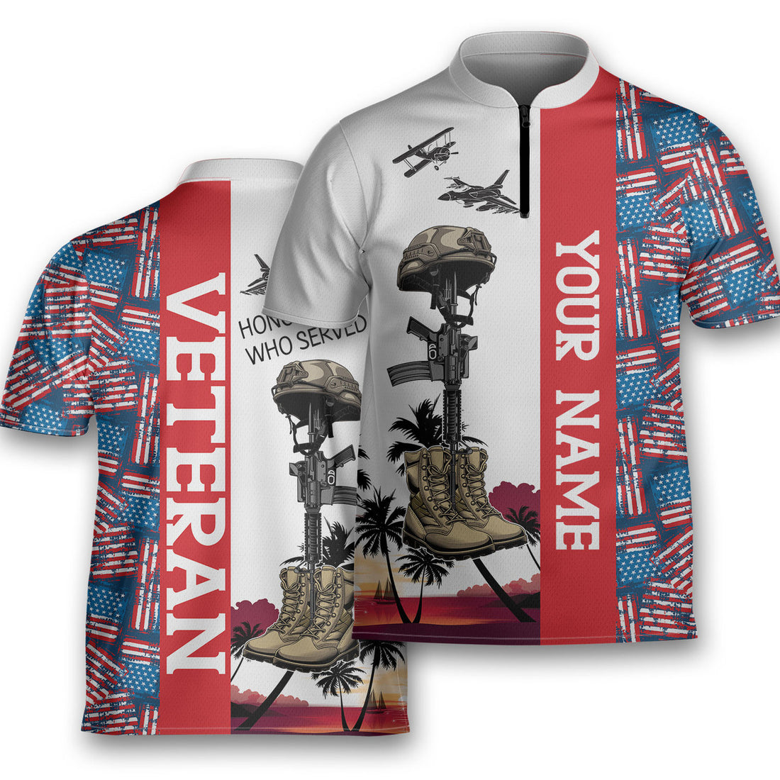 Custom Honoring All Who Served Veteran Zipped Bowling Jersey Custom Name Polo