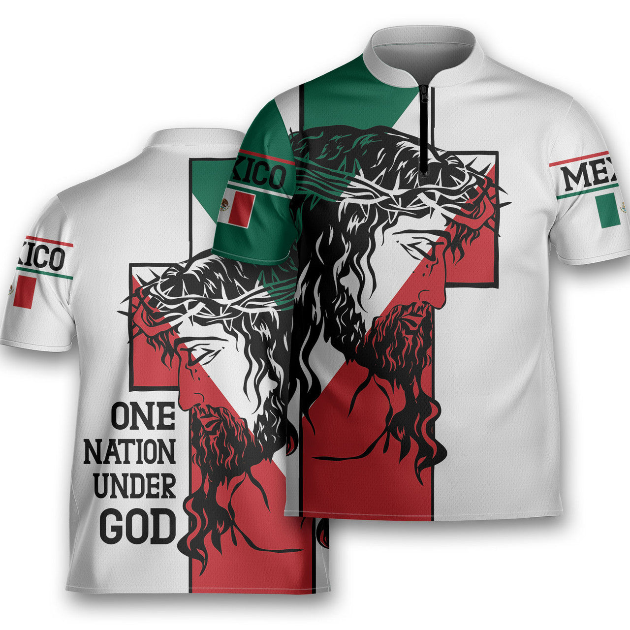 Mexico Jesus One Nation Under God Mexican Flag Bowling Jersey Polo