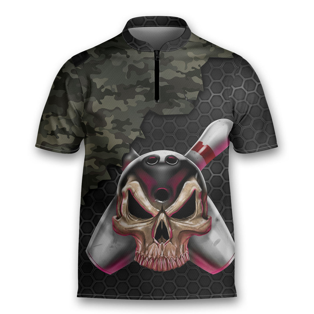 Custom Name Skull Camouflage Short Sleeve Bowler Bowling Jersey Polo Shirt