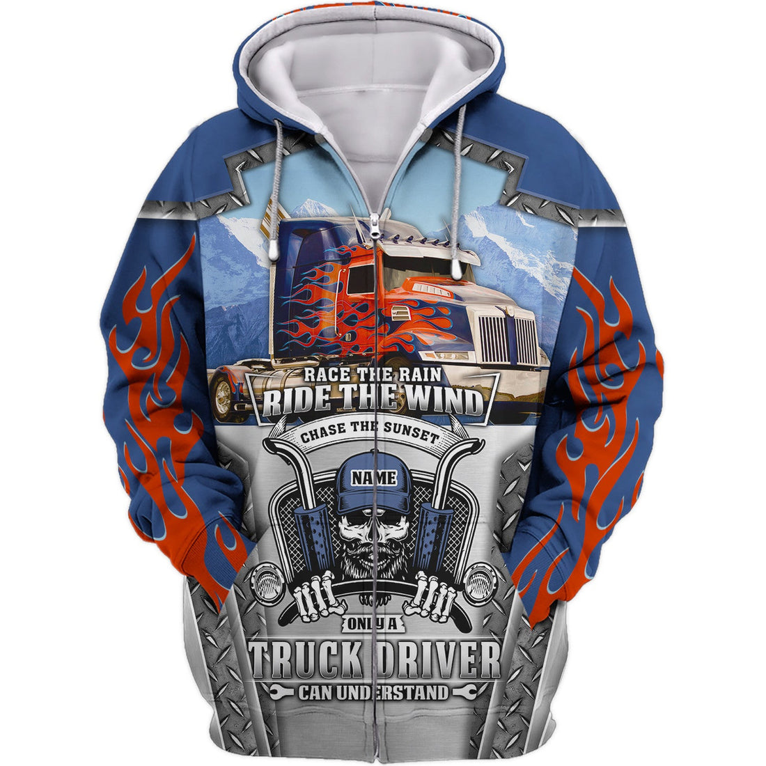 FUNSTUFFPRINT Blue & Red Fire Trucker 3D Hoodie and Zip Hoodie
