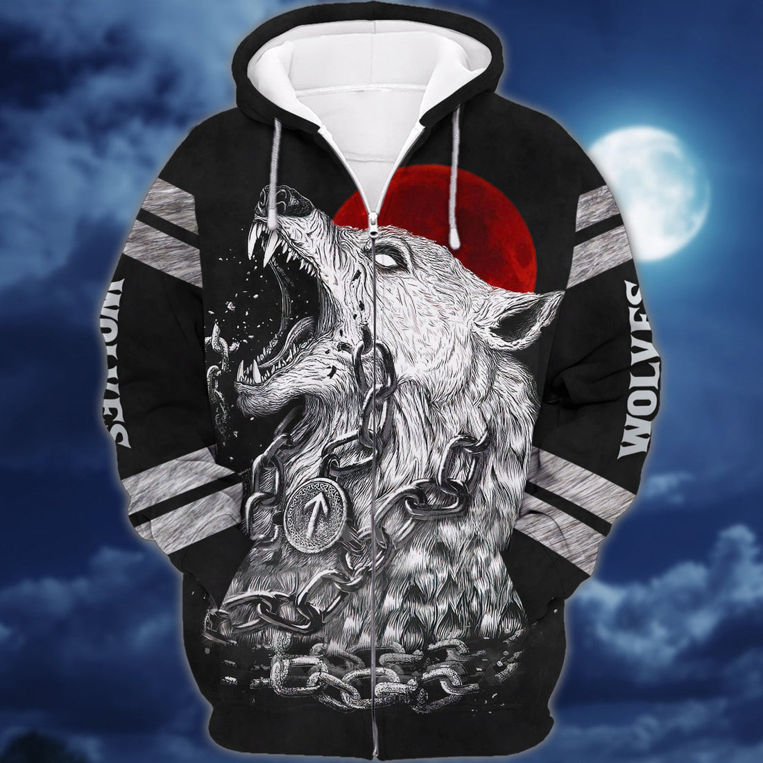 FUNSTUFFPRINT Fenrir Viking Nordic Tribe Wolf And Moon Tattoos 3D Hoodie and Zip Hoodie