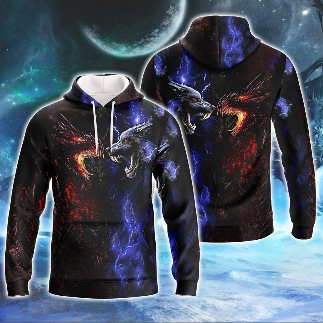 FUNSTUFFPRINT Tattoo Dungeon Wolf And Dragon 3D Hoodie and Zip Hoodie