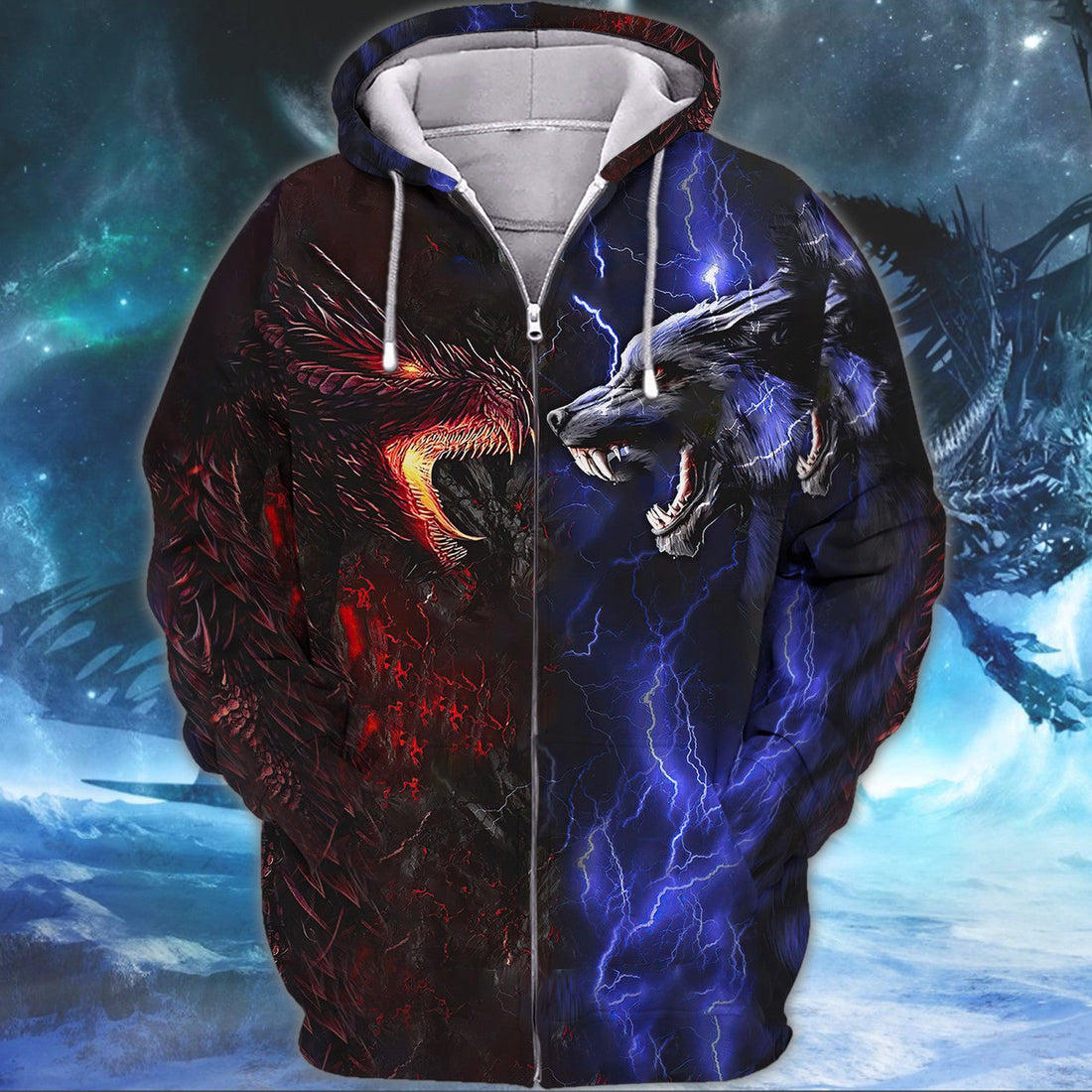 FUNSTUFFPRINT Tattoo Dungeon Wolf And Dragon 3D Hoodie and Zip Hoodie