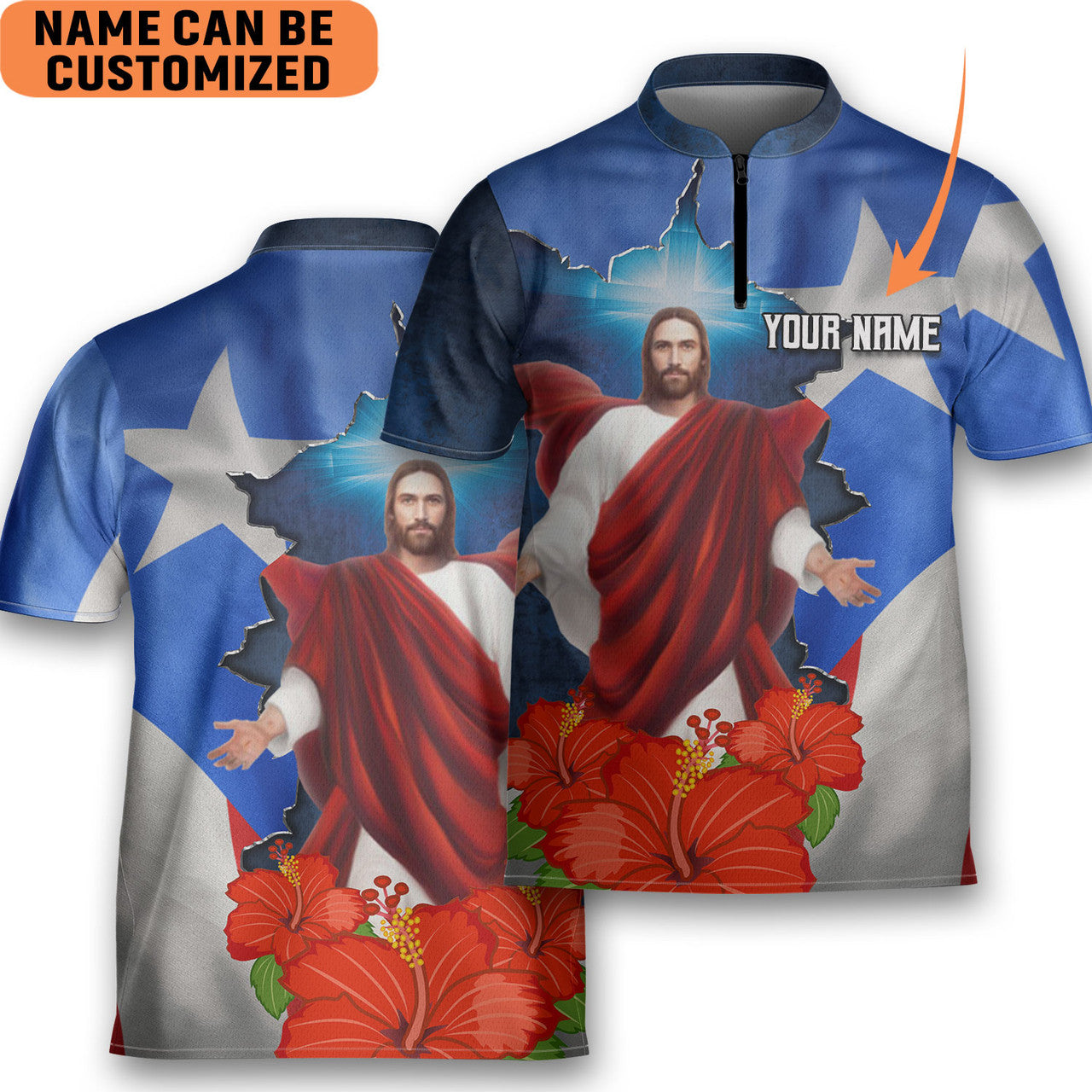 Customize Name God Love Puerto Rico Men And Women Zipper Polo Bowling Jersey
