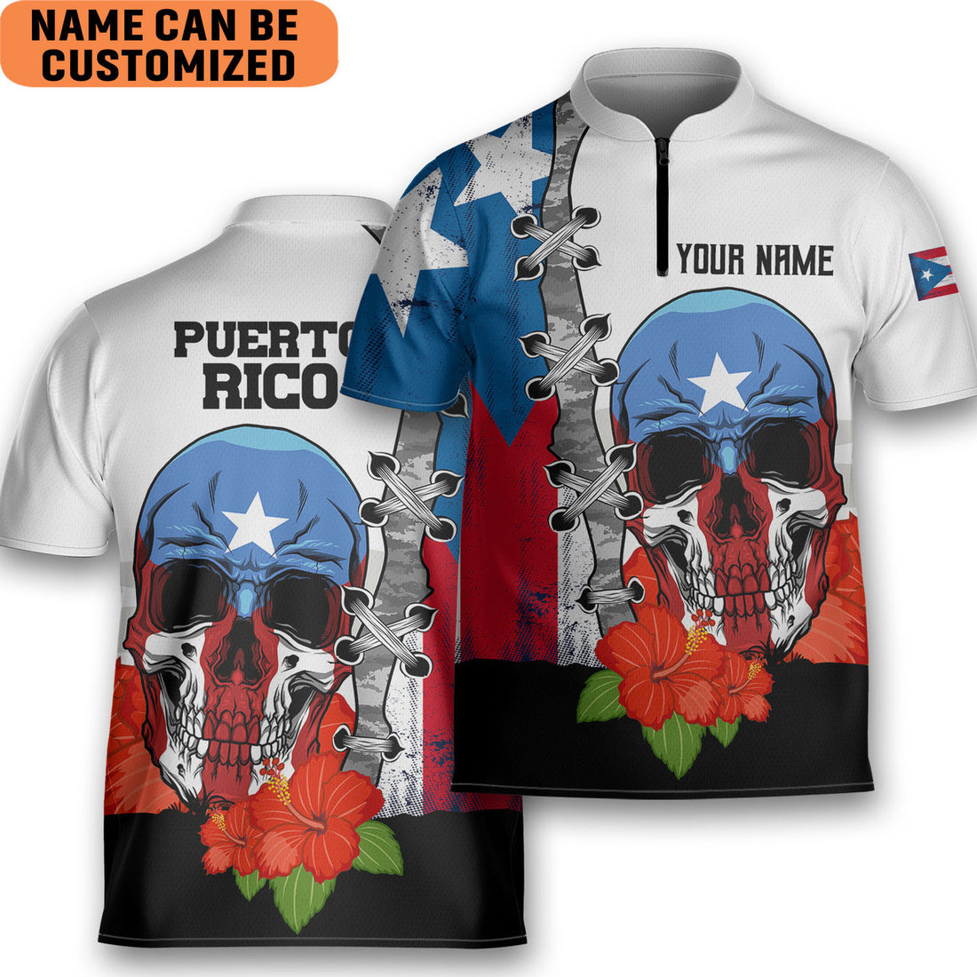 Customize Name Skull Floral Puerto Rico AOP Bowling Jersey Style Polo Zipper Shirt