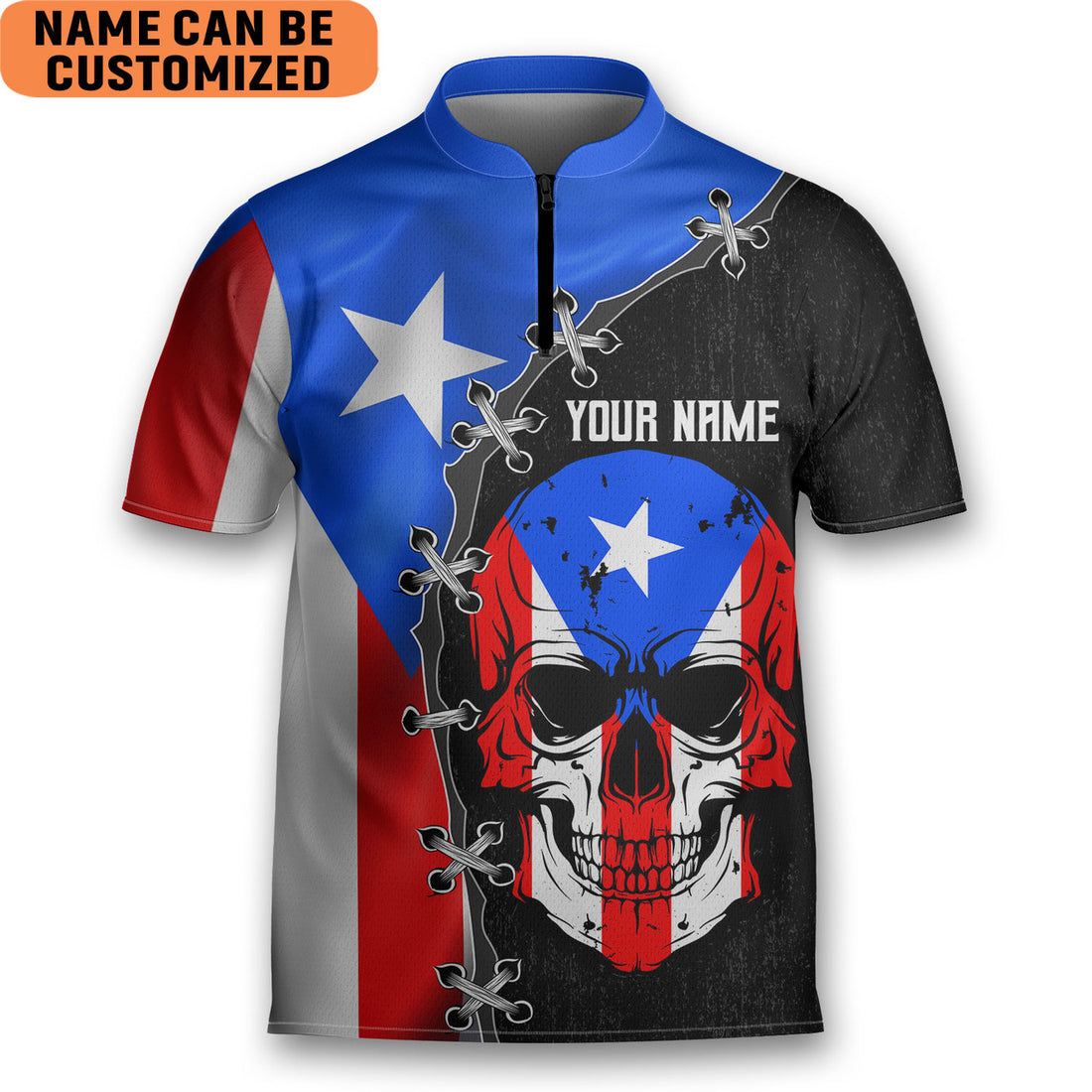Personalized Puerto Rico Skull Flag AOP Bowling Jersey Style Polo Men's Shirt