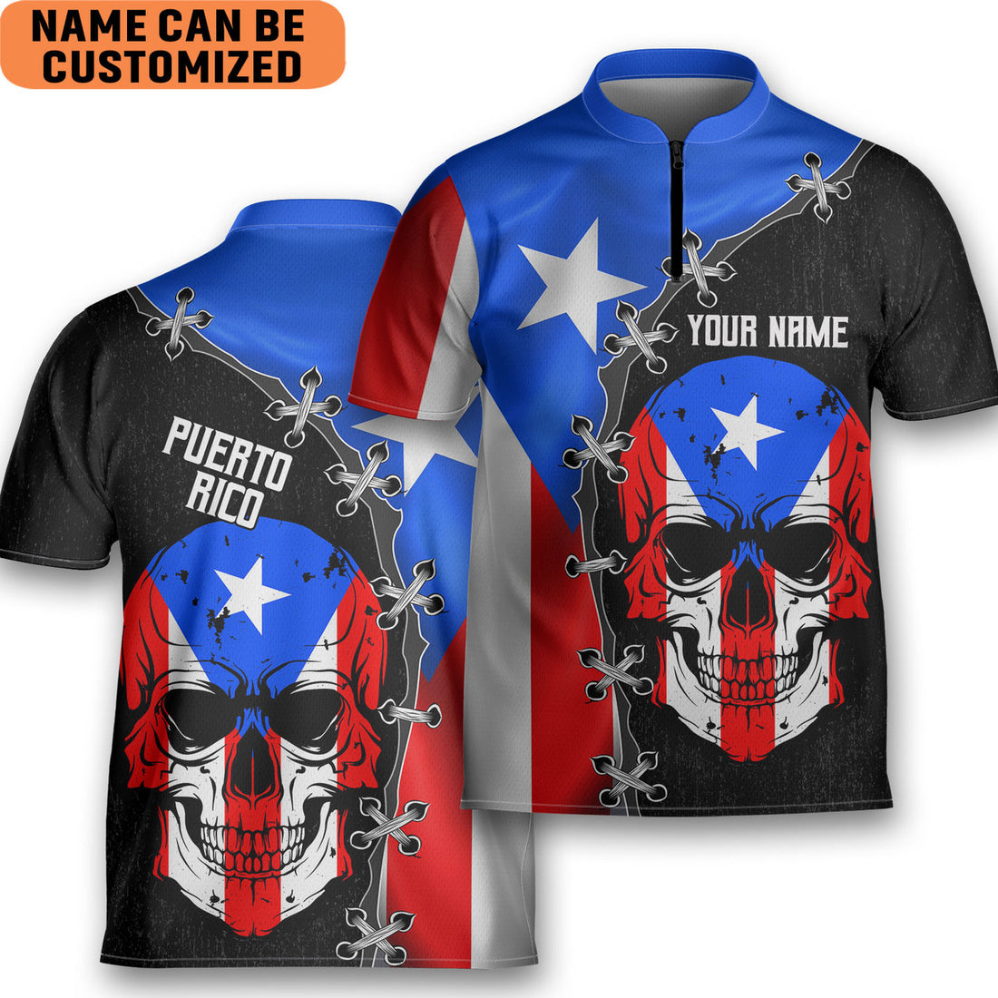 Personalized Puerto Rico Skull Flag AOP Bowling Jersey Style Polo Men's Shirt