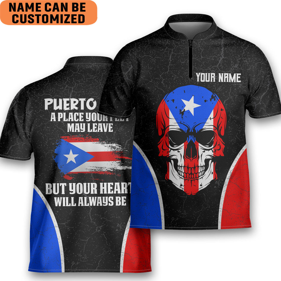 Custom Puerto Rico A Place Heart Always Be Skull Flag AOP Bowling Jersey Style Polo