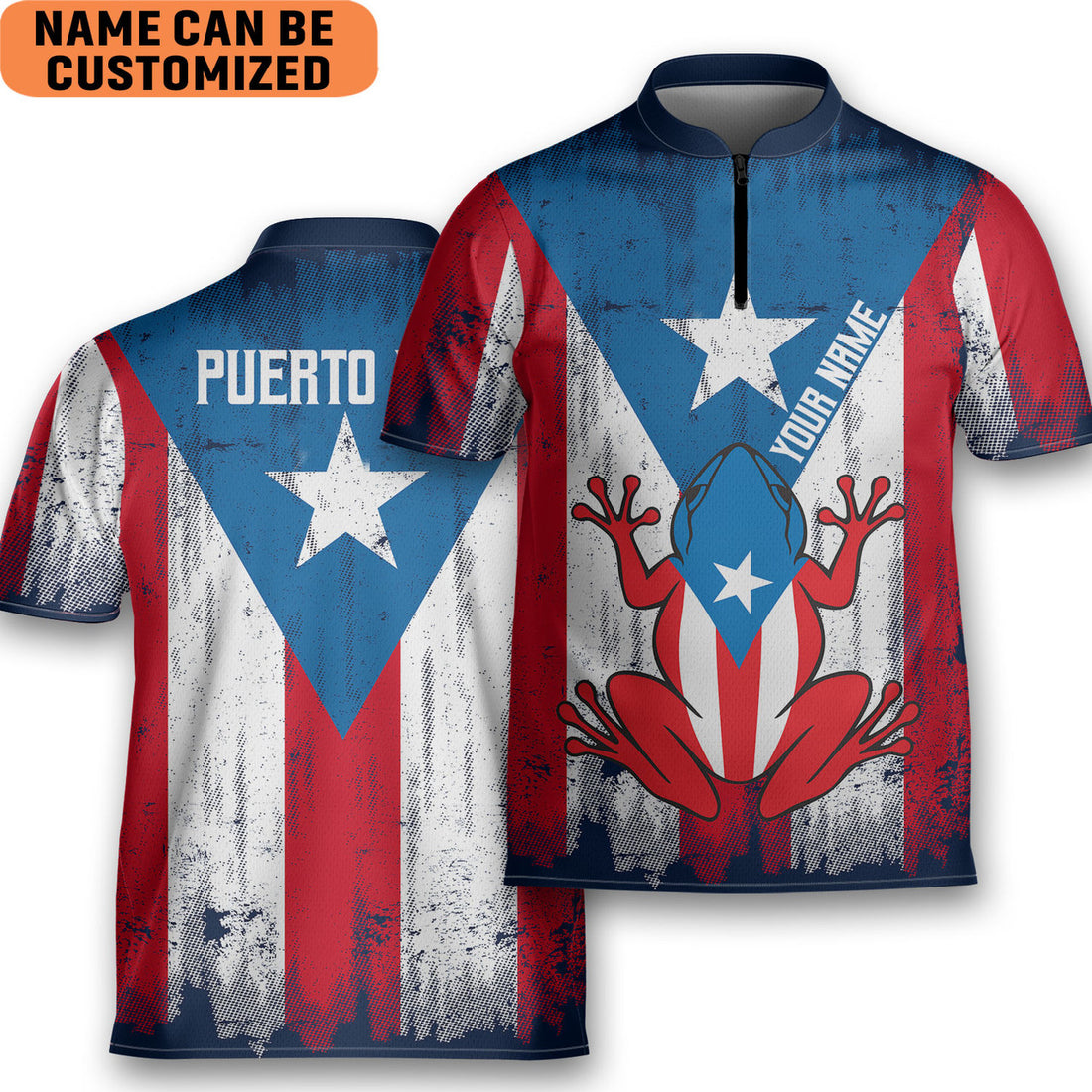 Customize Name Puerto Rico Coqui Flag Zipper Polo Style Bowling Jersey Shirt