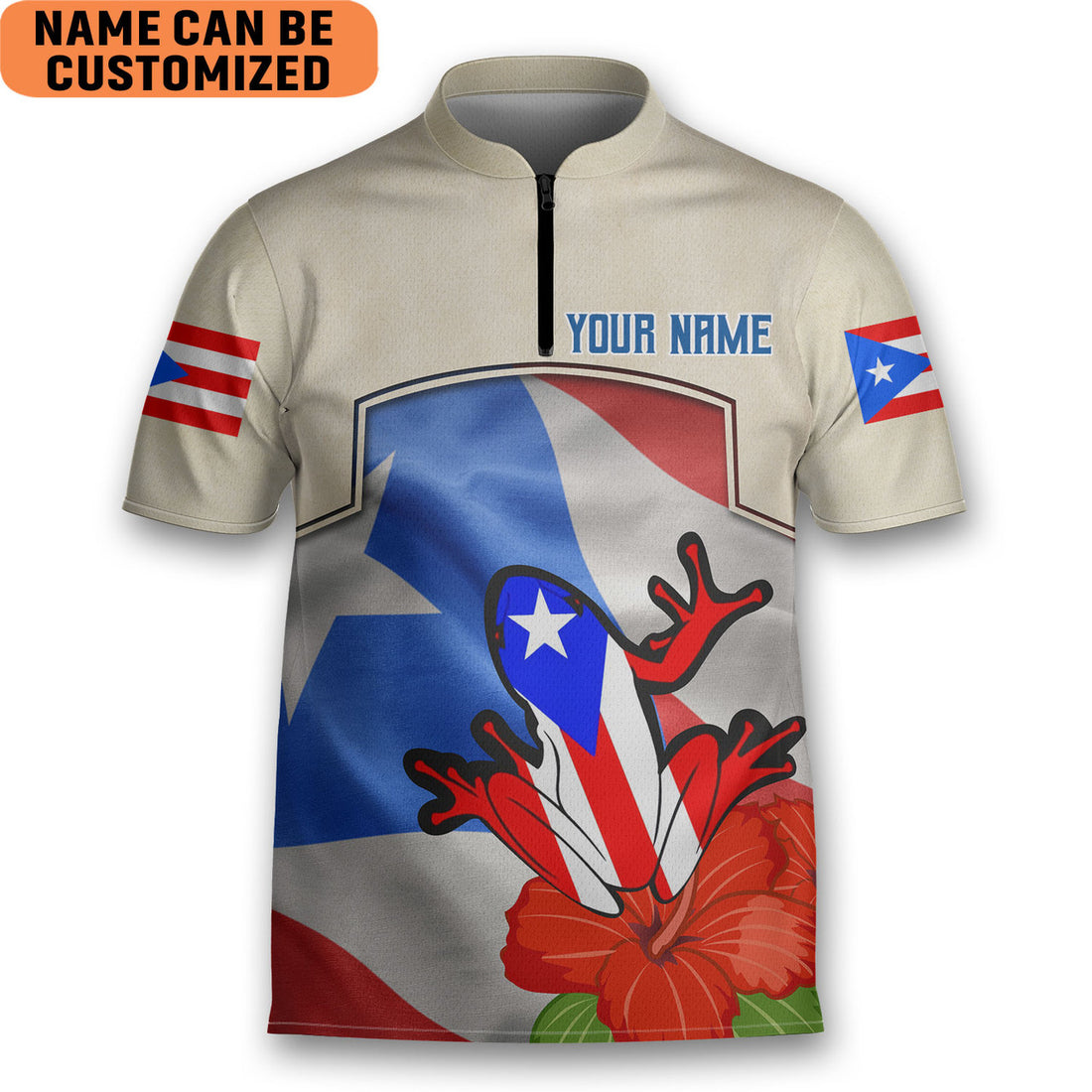 Custom Personalized Puerto Rico Flower Coqui Flag Zipper Bowling Jersey Style Puerto Rican Polo