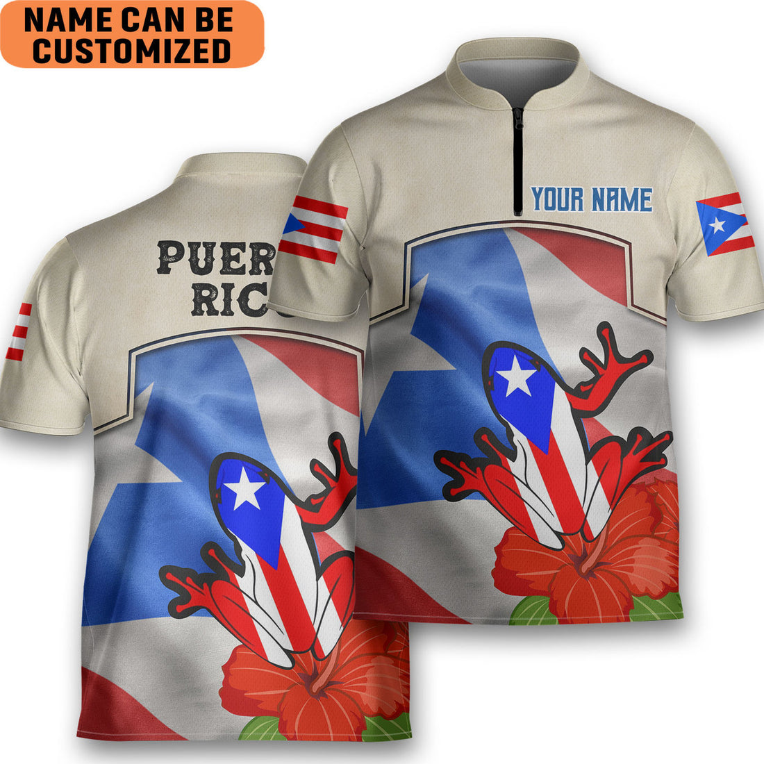 Custom Personalized Puerto Rico Flower Coqui Flag Zipper Bowling Jersey Style Puerto Rican Polo