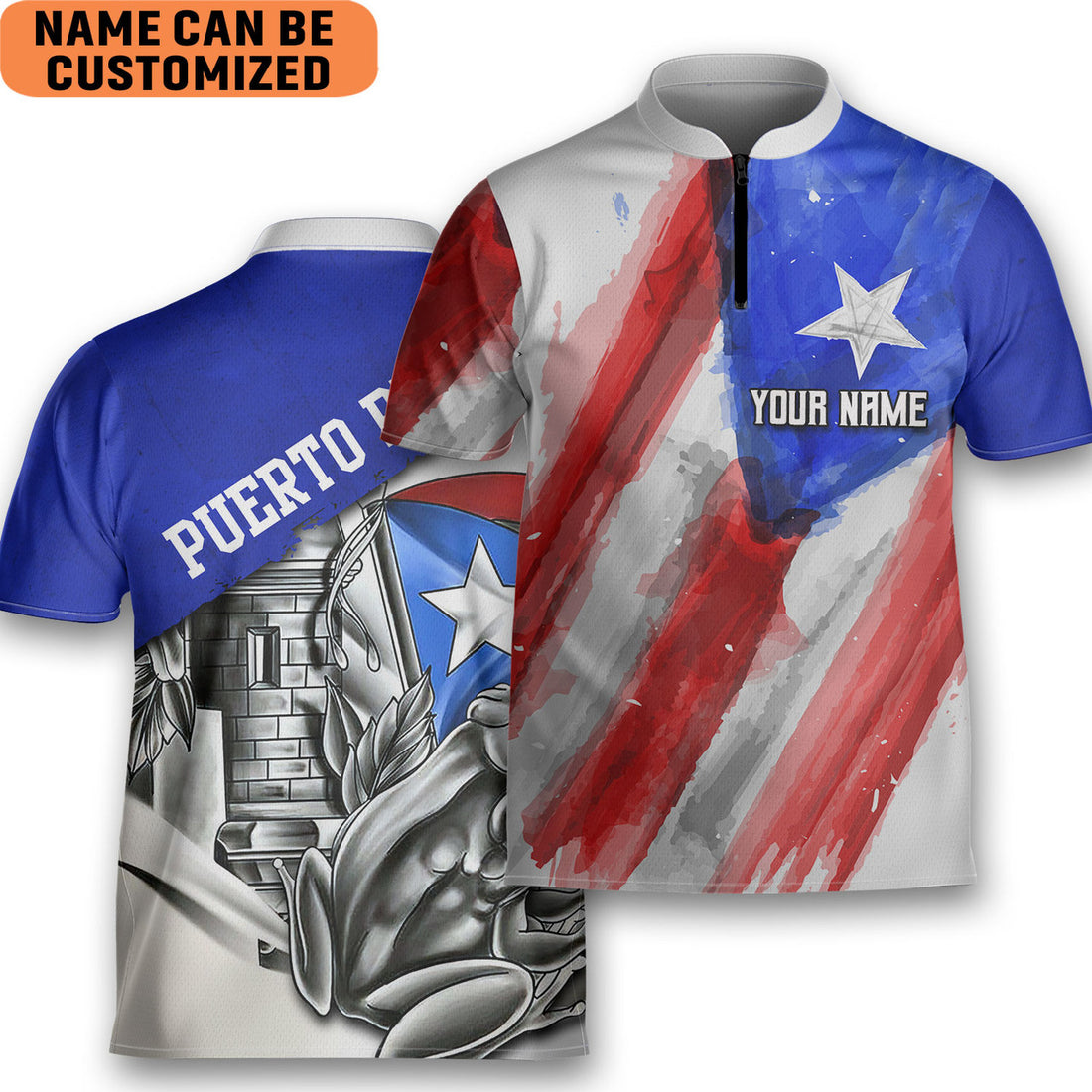 Custom Watercolor Flag Puerto Rico Coqui AOP Bowling Jersey Style Puerto Rican Polo Zipper