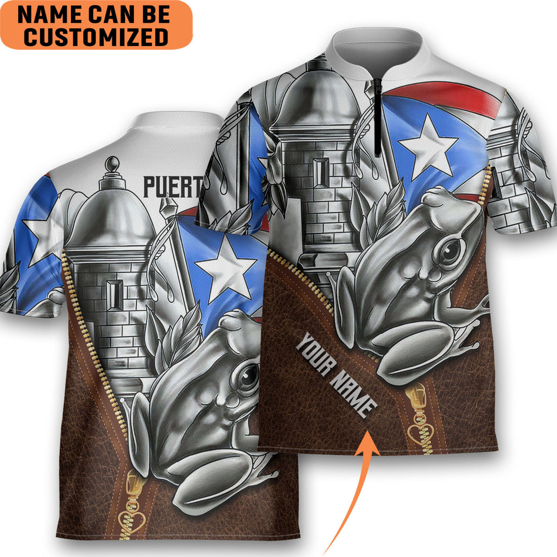 Custom Personalized Puerto Rico Coqui Bowling Jersey Style Polo Zipper Vintage Leather 01