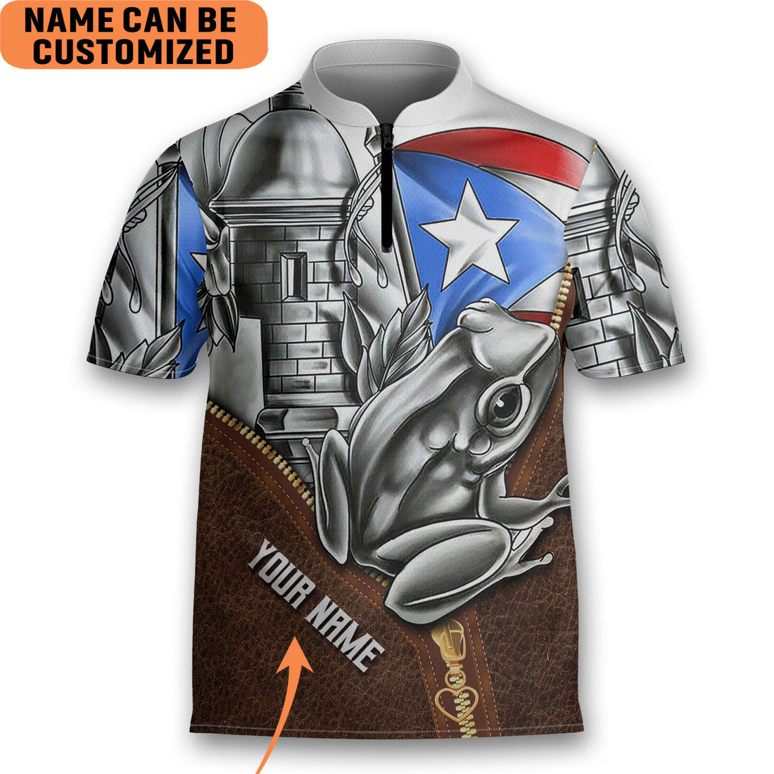 Custom Personalized Puerto Rico Coqui Bowling Jersey Style Polo Zipper Vintage Leather 01