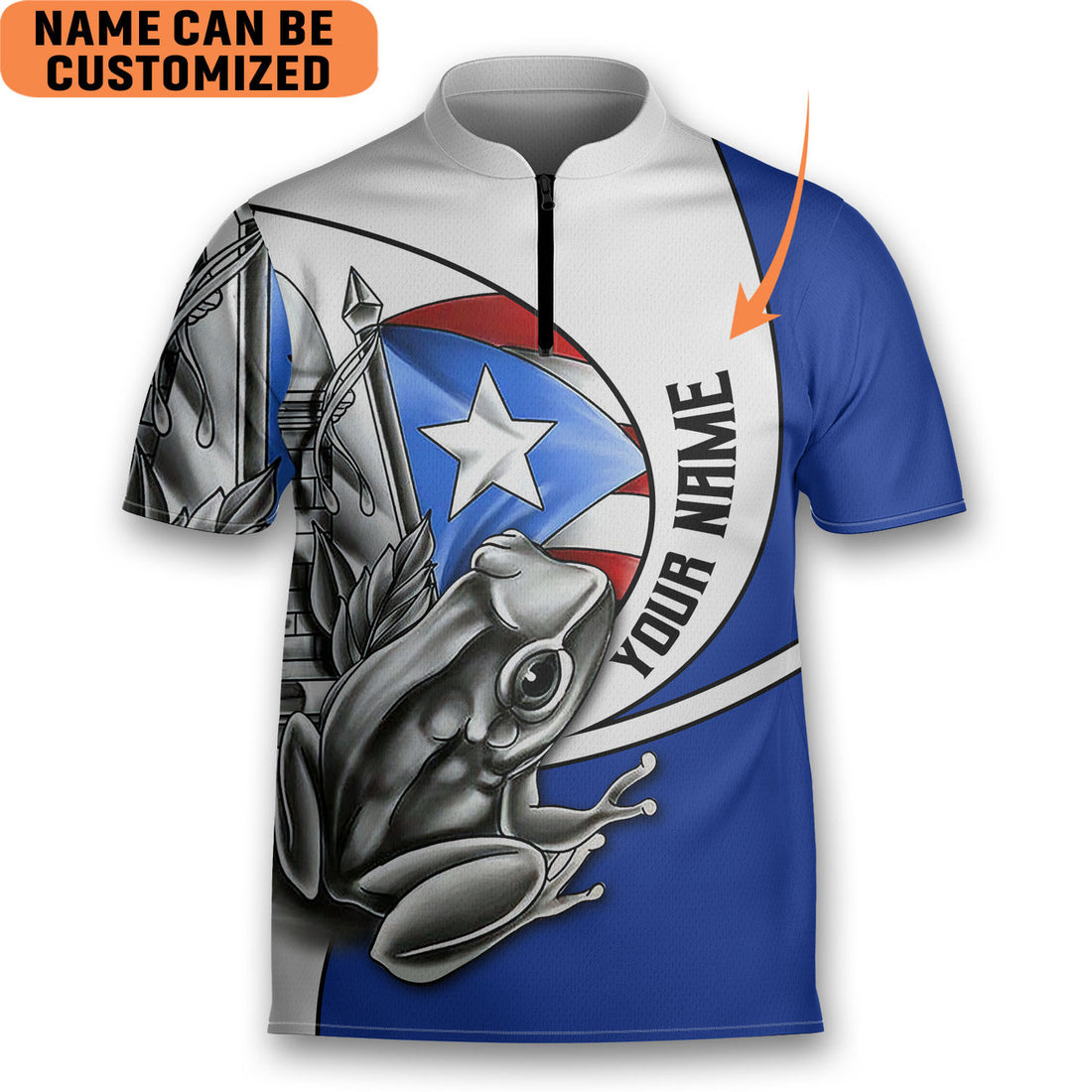 Custom Personalized Puerto Rico Conqui Bowling Jersey Style Polo Quick Zip Blue White Shirt