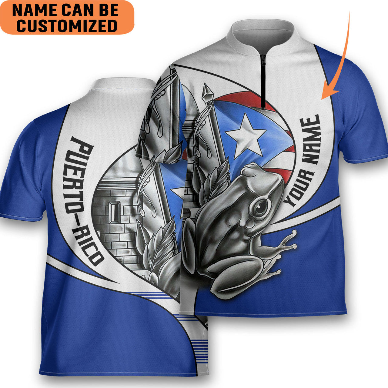 Custom Personalized Puerto Rico Conqui Bowling Jersey Style Polo Quick Zip Blue White Shirt