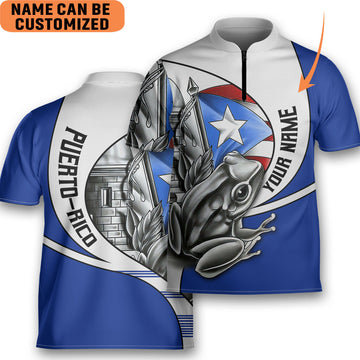 Custom Personalized Puerto Rico Conqui Bowling Jersey Style Polo Quick Zip Blue White Shirt