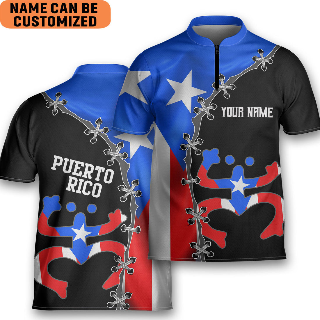 Custom Godoprint Personalized Puerto Rico Coqui Flag Bowling Jersey Style Polo Black Blue