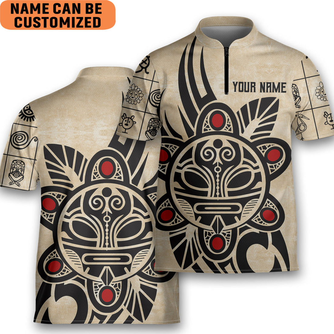 Custom Personalized Custom Puerto Rico Taino Sun Tattoo Bowling Jersey Style Polo Quick Zip