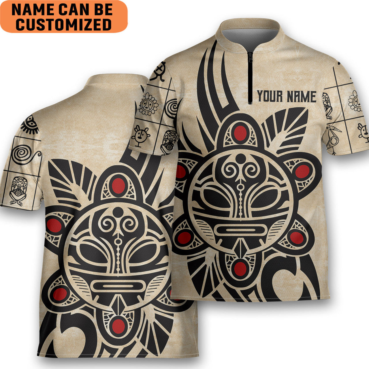 Custom Personalized Custom Puerto Rico Taino Sun Tattoo Bowling Jersey Style Polo Quick Zip
