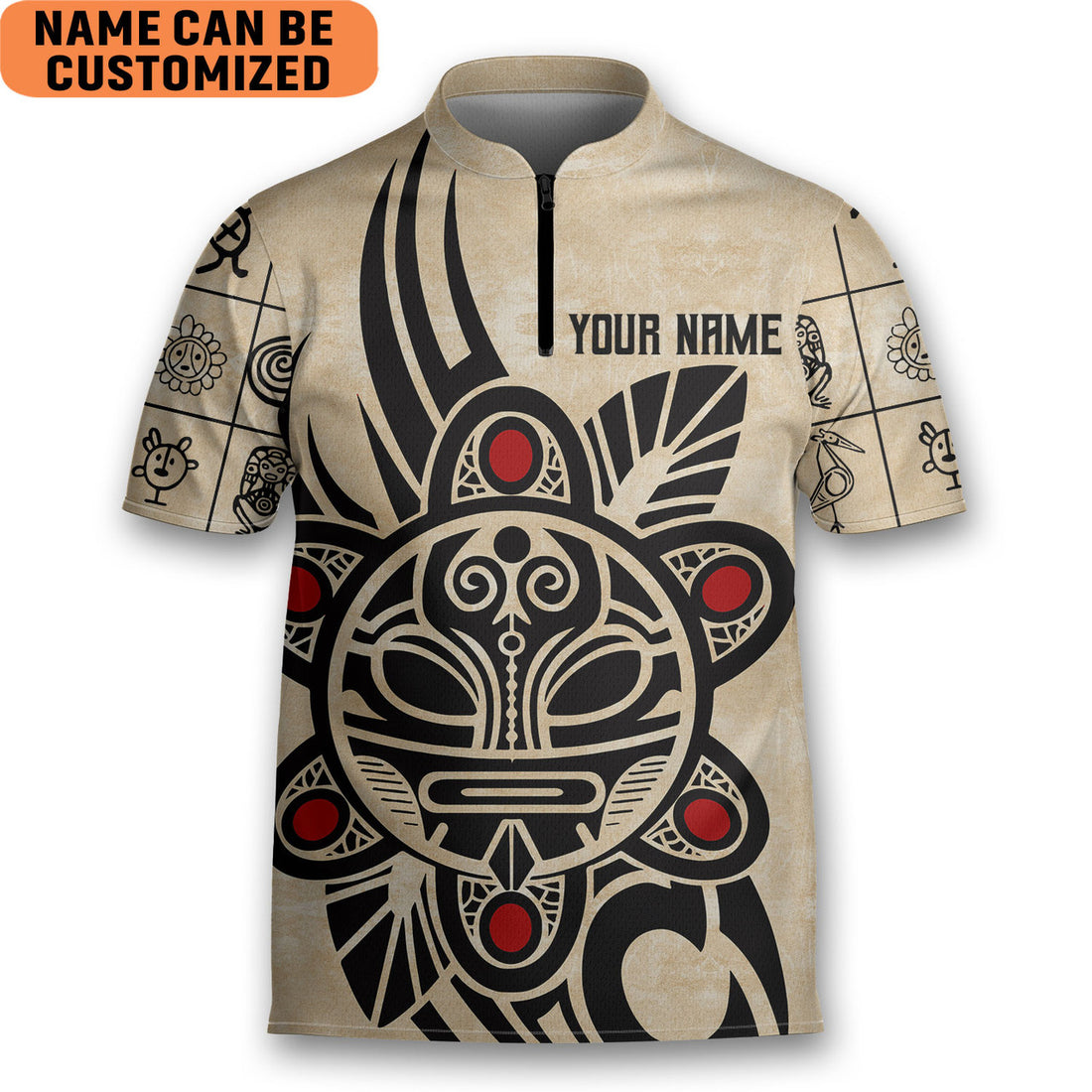 Custom Personalized Custom Puerto Rico Taino Sun Tattoo Bowling Jersey Style Polo Quick Zip