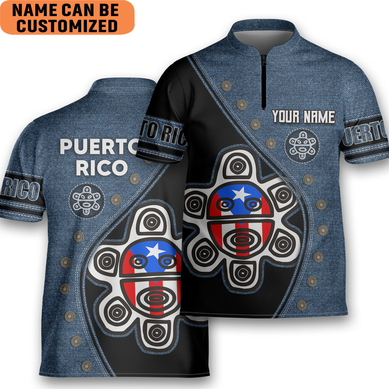 Custom Personalized Puerto Rico Taino Sun Flag Bowling Jersey Style Polo Dark Quick Zipper Shirt