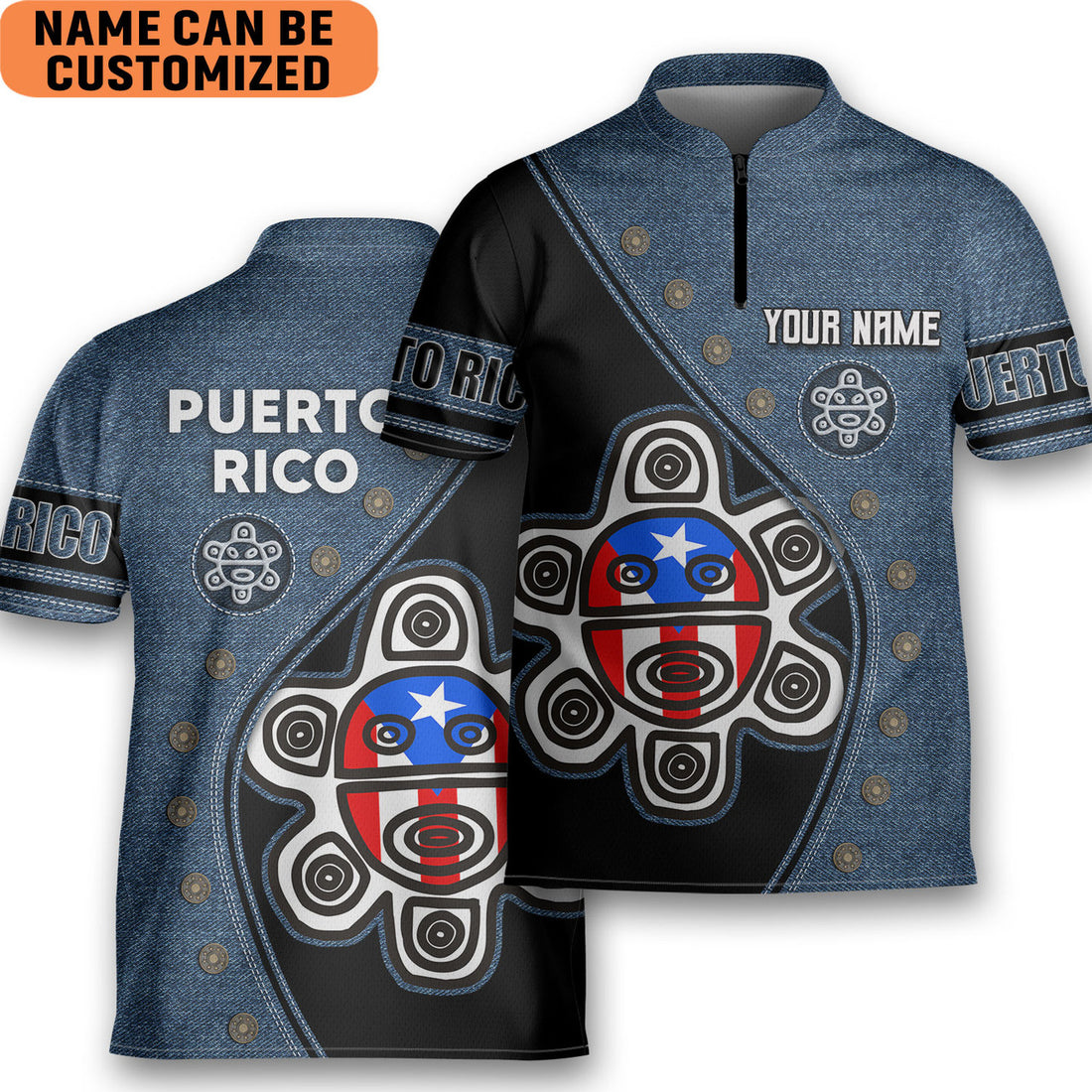 Custom Personalized Puerto Rico Taino Sun Flag Bowling Jersey Style Polo Dark Quick Zipper Shirt