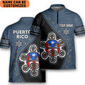 Custom Personalized Puerto Rico Taino Sun Flag Bowling Jersey Style Polo Dark Quick Zipper Shirt