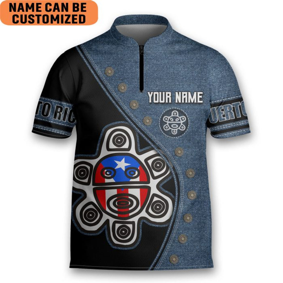 Custom Personalized Puerto Rico Taino Sun Flag Bowling Jersey Style Polo Dark Quick Zipper Shirt