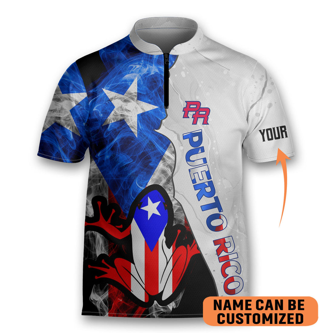 Customize Name Puerto Rico AOP Bowling Jersey Style Smock Star Zipper Polo Shirt