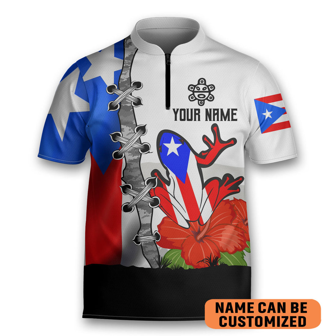 Custom Puerto Rico Flower Coqui Flag Light Bowling Jersey Zipper Polo Shirt
