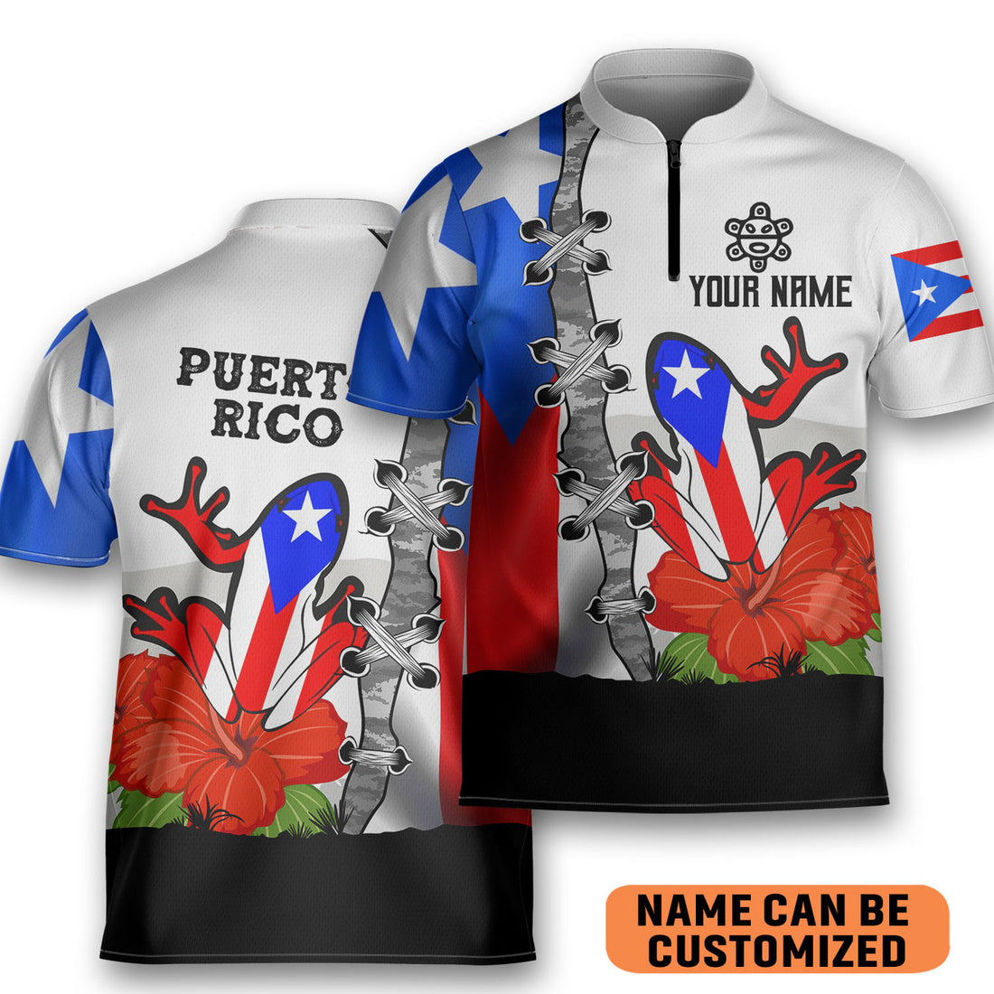 Custom Puerto Rico Flower Coqui Flag Light Bowling Jersey Zipper Polo Shirt