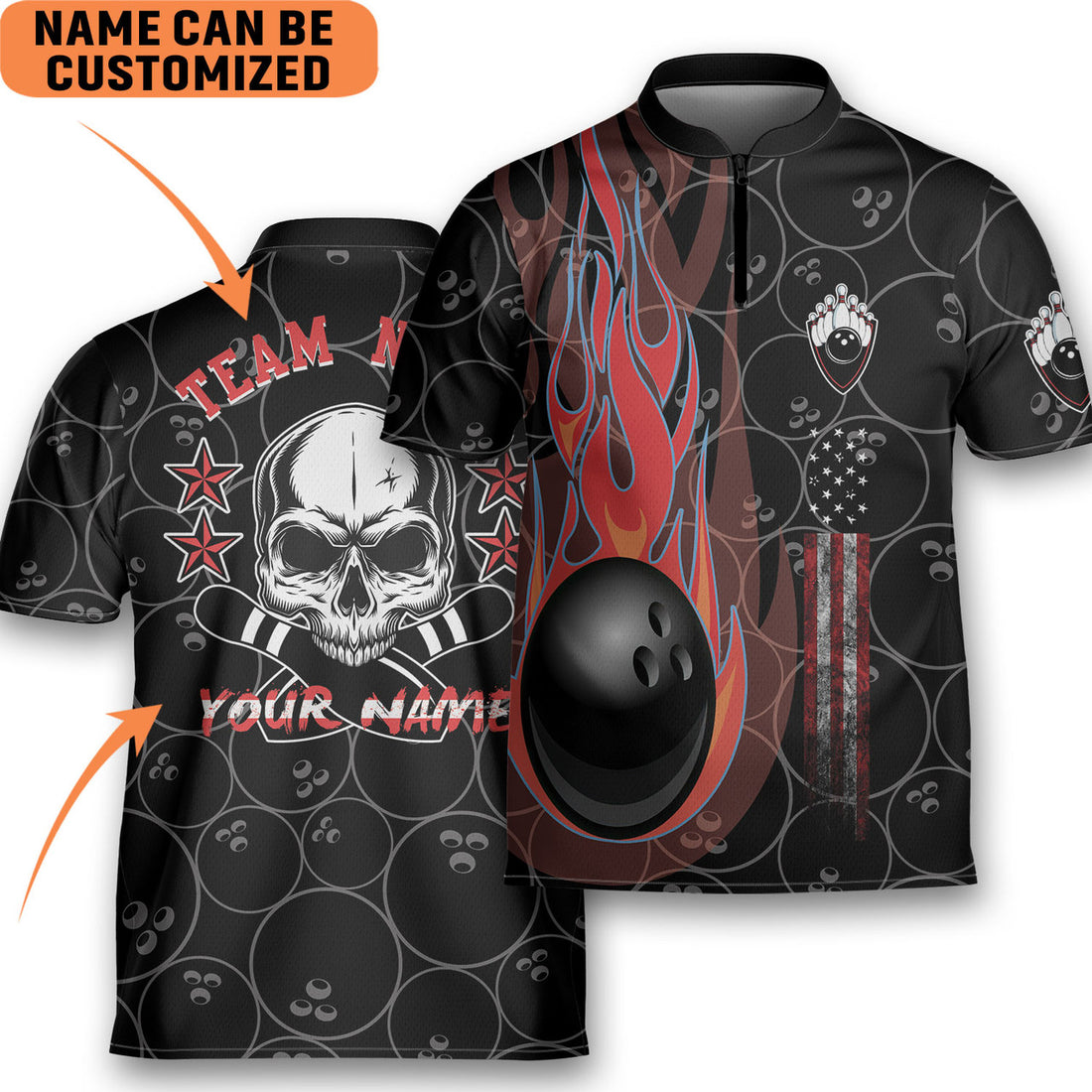 Custom Bowling Skull Back Game Team Bowling Jersey Zipper Shirt Custom Team Name