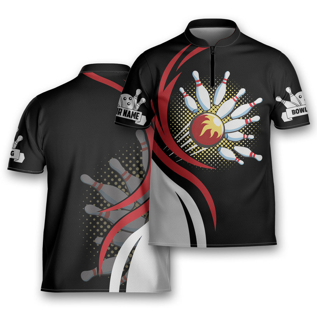 Custom Personalized 3D Bowling Fire For Bowling Team Player Uniform Bowling Jersey Zipper