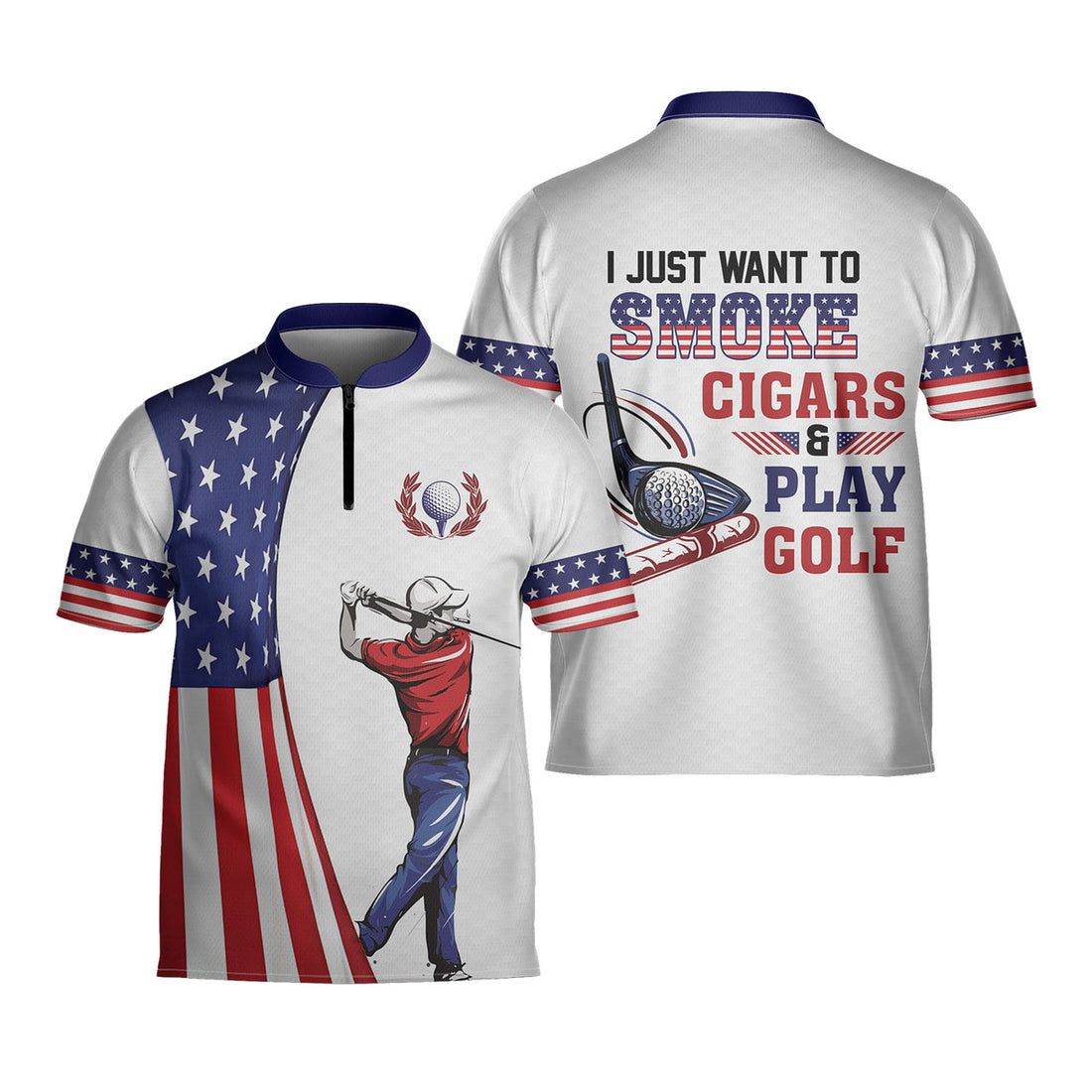 USA Flag Cigars And Golf Style Custom Name Golfing Mandarin Zipper Jersey 3D Polo
