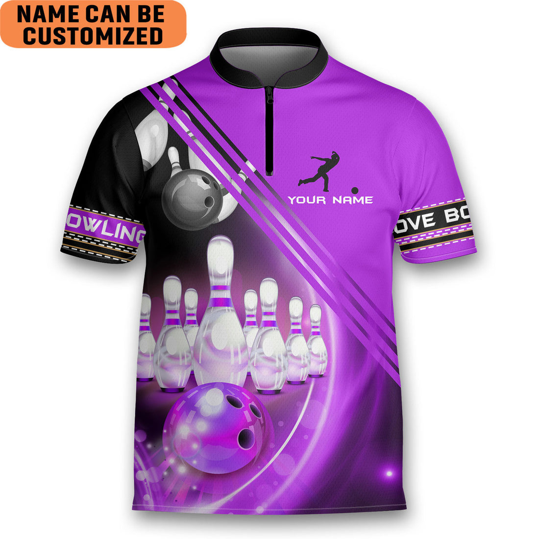 Custom Personalized Colorful Love Bowling Purple Bowling Jersey Zipper Shirt