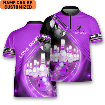 Custom Personalized Colorful Love Bowling Purple Bowling Jersey Zipper Shirt