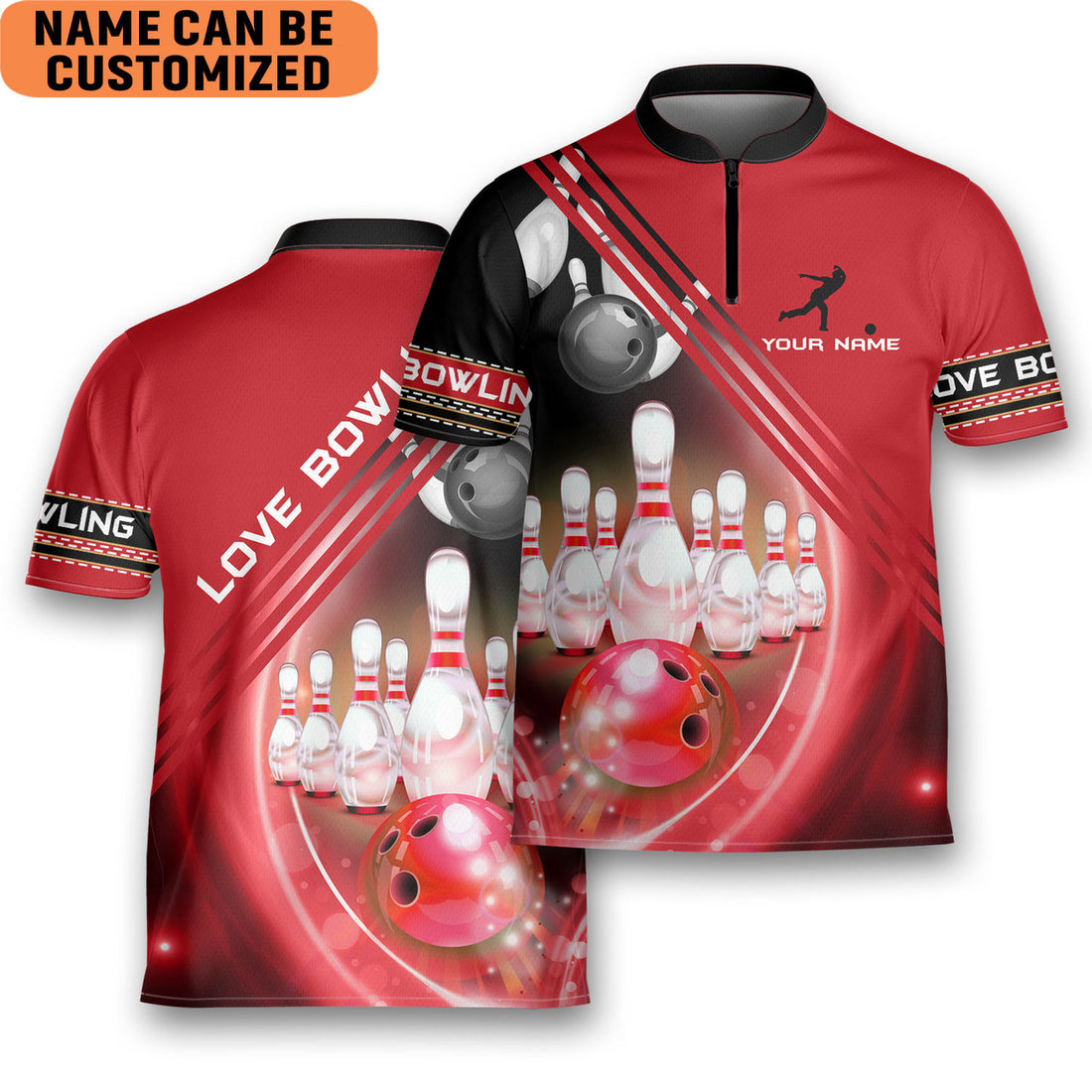 Custom Personalized Colorful Bowling red Game Team Love Bowling Jersey Zipper Shirt