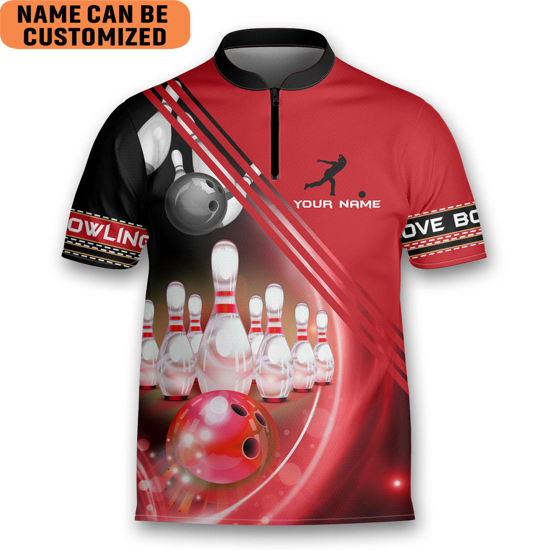 Custom Personalized Colorful Bowling red Game Team Love Bowling Jersey Zipper Shirt
