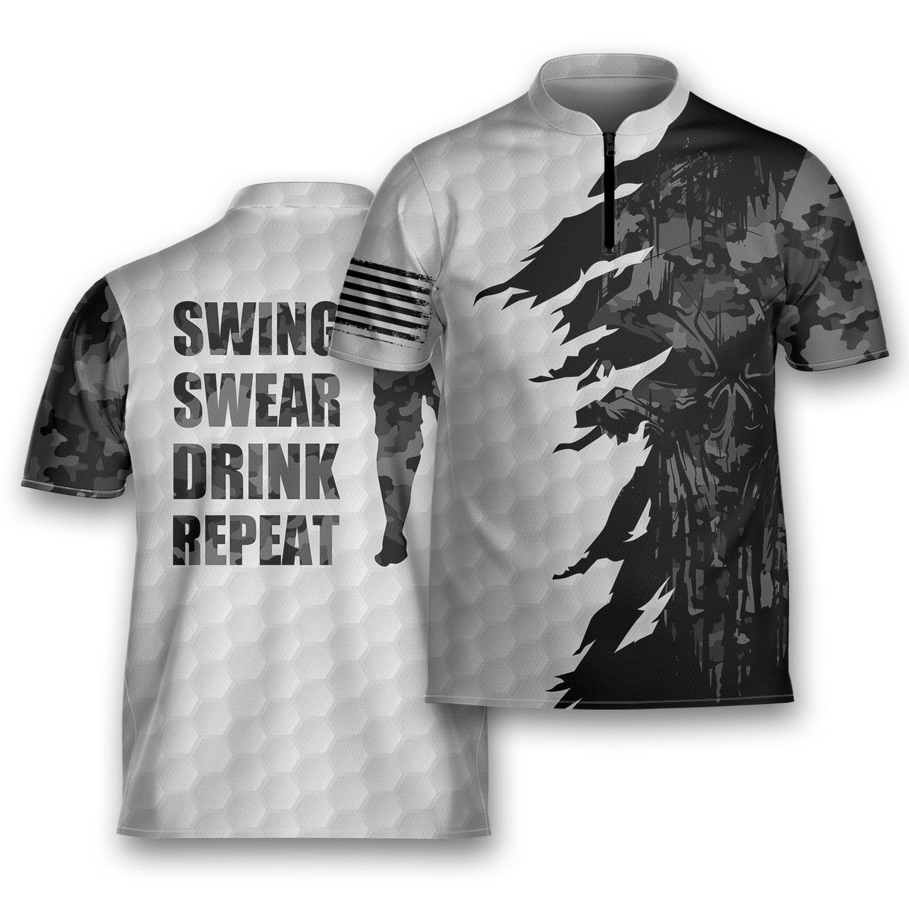 Golf Swing Swear Drink Repeat Men’s Military Camo Golfing Mandarin Zipper Jersey