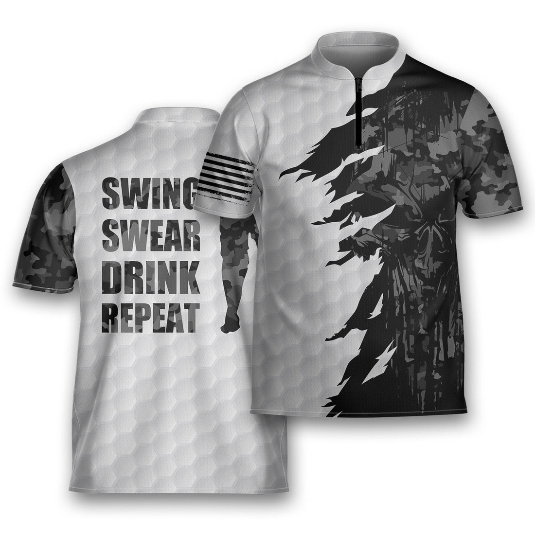 Golf Swing Swear Drink Repeat Men’s Military Camo Golfing Mandarin Zipper Jersey