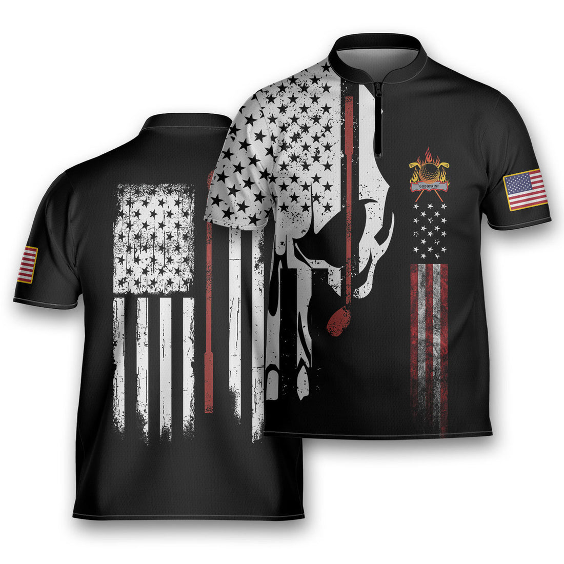 Skull American Flag With Golf Club Golfing Mandarin Zipper Jersey