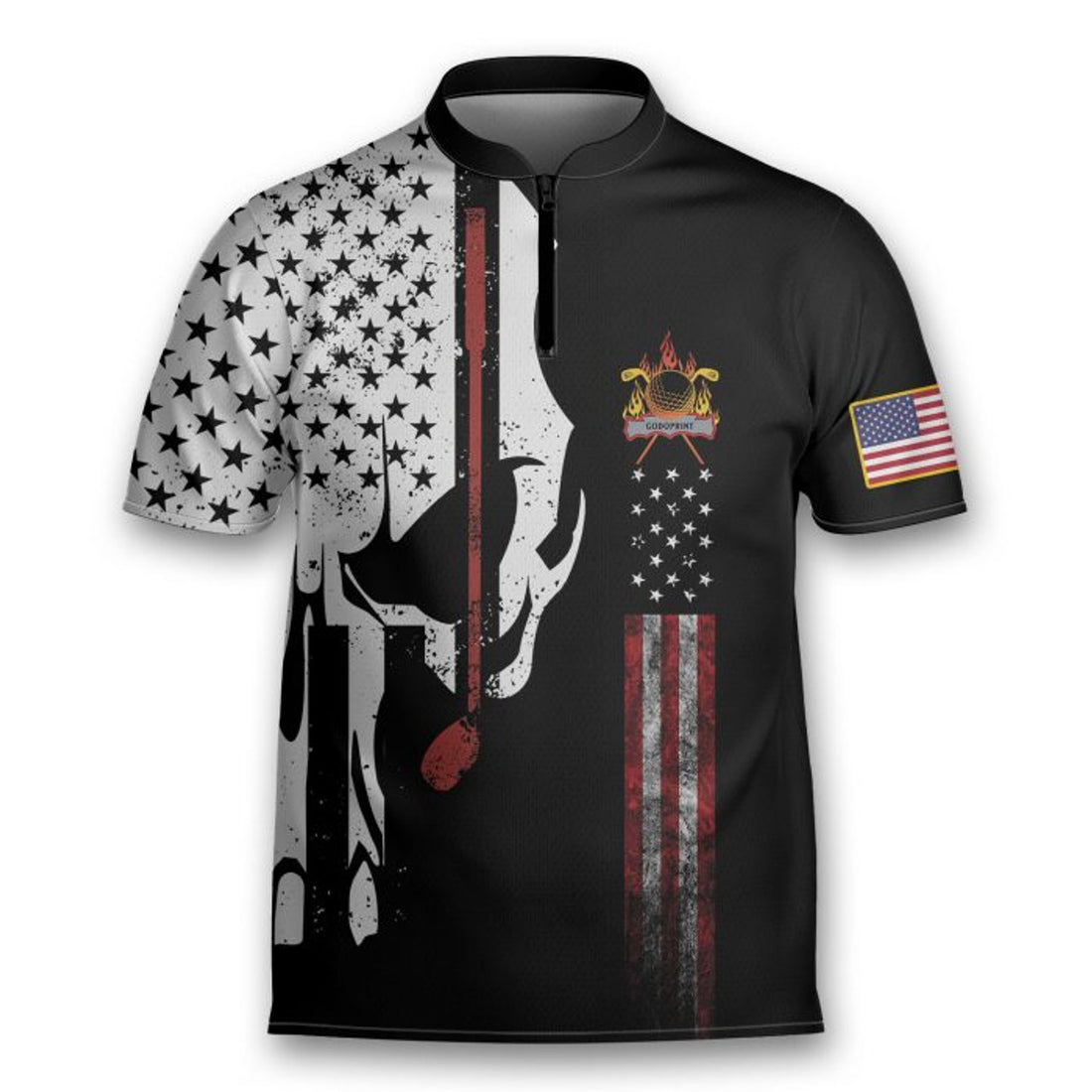 Skull American Flag With Golf Club Golfing Mandarin Zipper Jersey