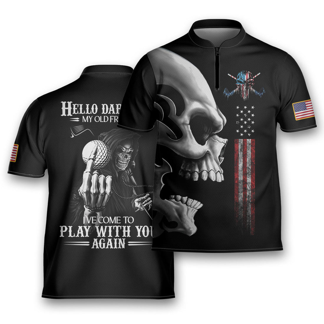 Hello Darkness Golf Skull Premium Golfing Mandarin Zipper Jersey
