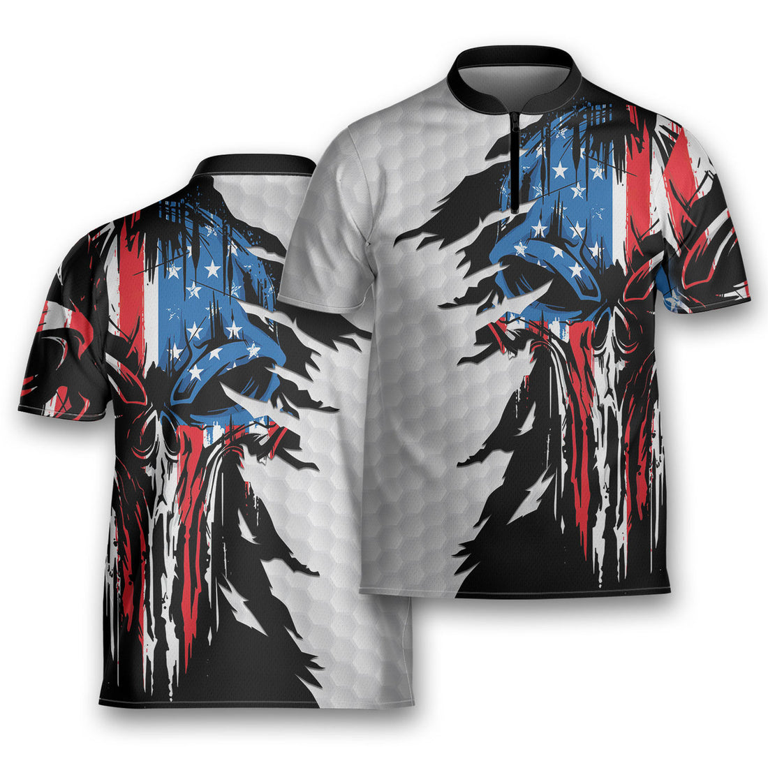 Flag Skull American Ripped Golf Golfing Mandarin Zipper Jersey