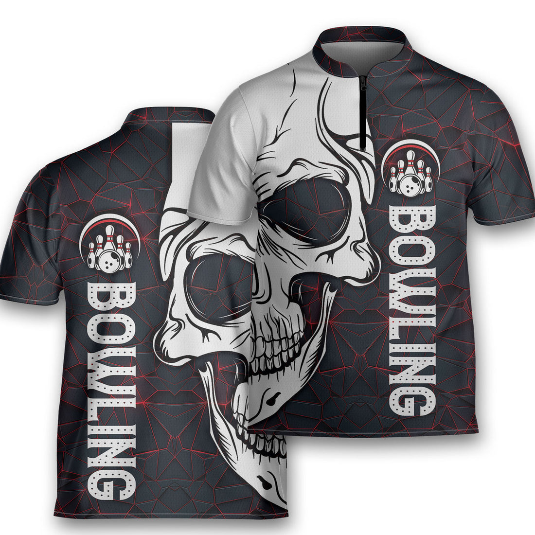 Dark Style Bowling Skull Game Team Bowling Jersey Zipper Shirt