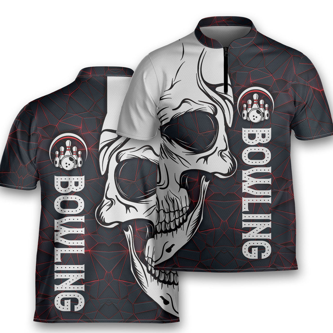 Dark Style Bowling Skull Game Team Bowling Jersey Zipper Shirt