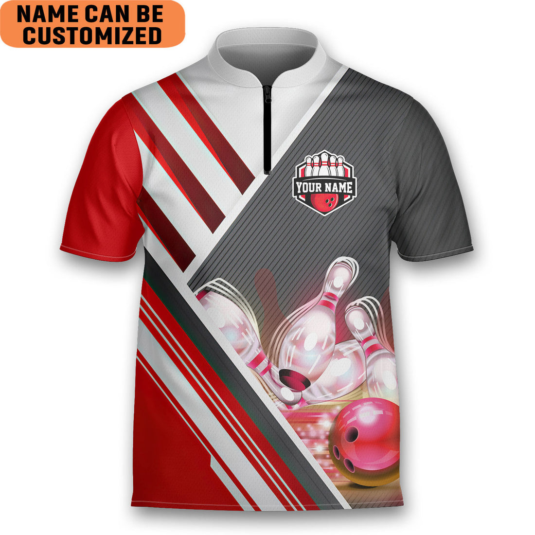 Custom Personalized Name Retro Red Sport Bowling Game Team Bowling Jersey Zipper Shirt